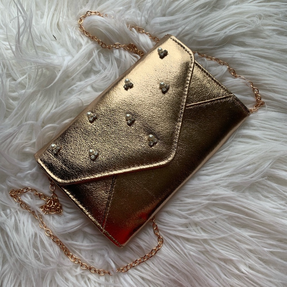 Rose Gold Bejeweled Clutch with chain strap